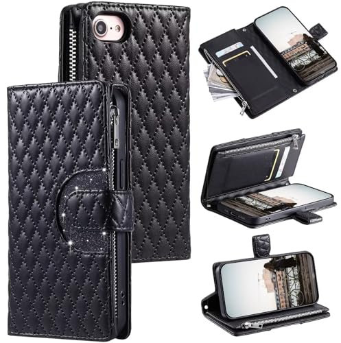 Rnrieyta Miagon for iPhone 8 Plus/7 Plus Bling Zipper Case,Glitter Wallet Purse Handbag with Wristlet Card Slots Pocket PU Leather Magnetic Flip Kickstand Cover