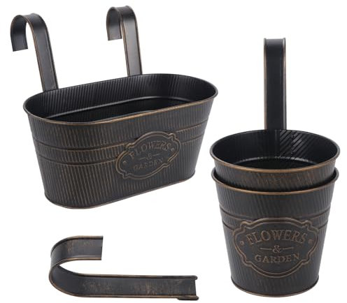 eROOSY Lot de 3 Jardinières Suspendues en Métal, Pots de Fleurs Extérieurs avec Crochets Métalliques Amovibles pour Plantes, Balcon, Jardin