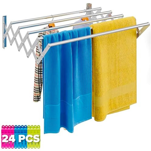 Marctani Tendedero Extensible Pared Acero Inoxidable - Tendederos Plegables Ahorra Espacio Interior o Exteriror - Tendal Plegable con 5 Barras 24 Pinzas - Tenderete de Ropa (A.INOX 140CM)