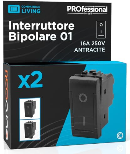 Interruttore Bipolare di Corrente 16A 250V I/O Compatibile con BTicino Living a Incasso da Muro Frutti Elettrici Colore Antracite - Confezione da 2