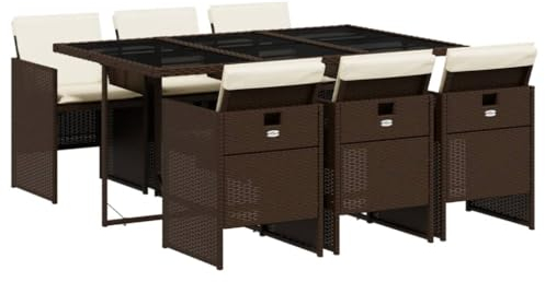 vidaXL Garten Essgruppe mit Kissen 7-TLG., Gartenmöbel Set Sitzgruppe, Essgarnitur Gartengarnitur, Terrasse Balkon Möbel Garnitur, Braun Poly Rattan