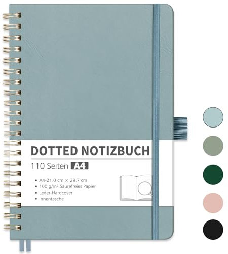 RETTACY Notizbuch A4 Dotted, Bullet Dot Journal mit 100 g/m² Dickem Papier, 55 Blatt, Notebook für Büro und Schule, Lederhülle, Grau-Blau, 21 cm x 29.7 cm