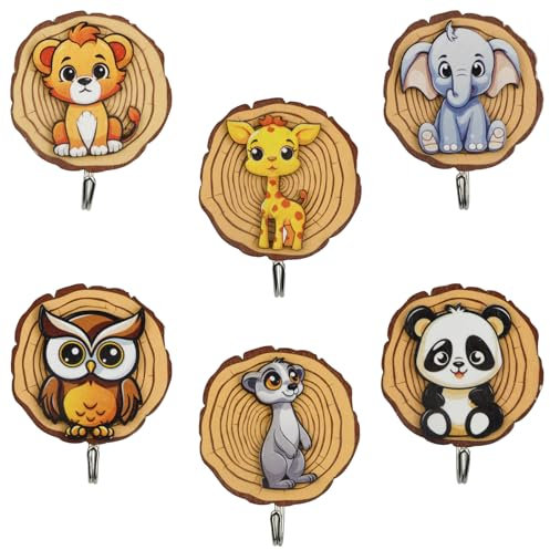 6 Piezas Ganchos Autoadhesivos de Madera para Niños, Colgador Lindo en Forma de Animal, Percheros Infantiles de Abrigos de Pared para Ropa Gorros Baño Toalla Mochilas, Sin Taladrar