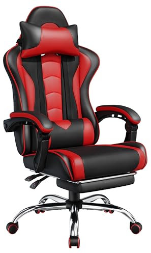 Yaheetech Chaise Gaming Massante Ergonomique Fauteuil Gamer Dossier et Appui-tête Hauteur Réglable avec Repose-Pied Similicuir Charge 136kg Noir Rouge