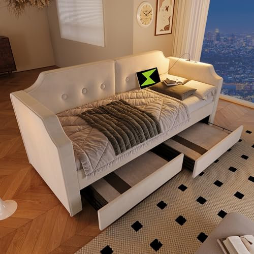 KAZZIO Polsterbett 90x200cm, Sofabett mit USB-Type-C Leselicht, Schlafsofa Tagesbett mit 2 Stauraum Schubladen, Kinderbett Jugendbett Bettgestell mit Lattenrost aus Holz, Samt (Ohne Matratze) (Beige)