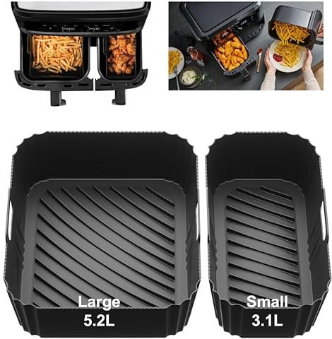Silicone Air Fryer Liners for Tefal 8.3L,Reusable Air Fryer Accessories for Tefal 8.3L/Lakeland 8L/Tower T17099 5.2L+3.3L/Salter EK5729 5.5L+3.5L,Ninja Air Fryer Liners 5.2+3.1L a Split-Sized Pair