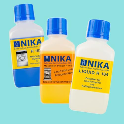 NIKA Haushaltsgerätereiniger Set | R163 + R164 + R165 Waschmaschinen Reiniger | Waschmaschinen Entkalker | Maschinenentfetter entfernt Kalk, Kaffemaschinen Reiniger Geschirrspülreiniger