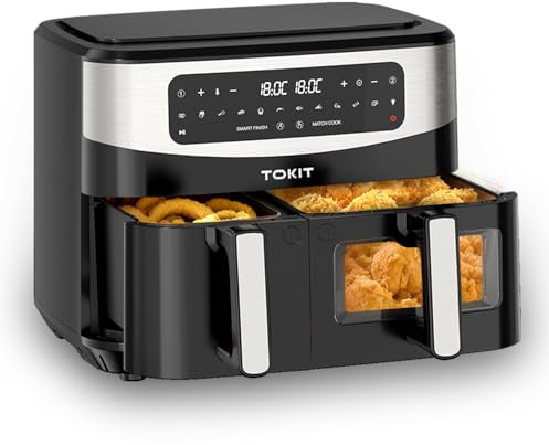 TOKIT Doppelkorb-Heißluftfritteuse, 4L+6L Dual-Zone mit unabhängiger Steuerung, antihaftbeschichtet & keine Geschmacksvermischung, 360° Schnellaufheizung, 12 Voreinstellungen für gesundes Kochen