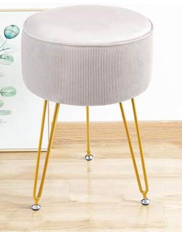 CROWNSHOP Stool Chair for Dressing Table Round Dressing Table Stool With iron Legs Vanity Stool Comfortable Padded Makeup Stool for Bedroom Living Room White