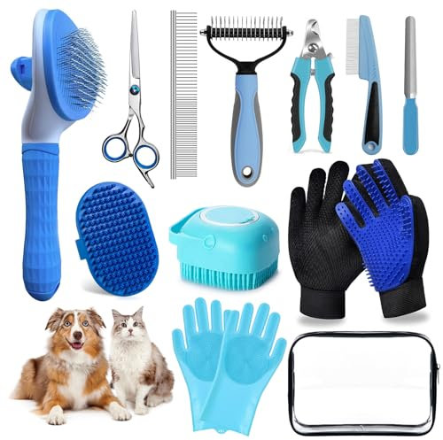 13Pcs Pet Grooming Kit - Dog Cat Deshedding Brush, Nail Clippers with File, Hair Remover Gloves & Bath Tools for Long/Short Haired Pets, Grooming Tool for Long and Short Haired Pets