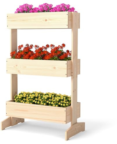 COSTWAY Jardinière Surélevée Verticale à 3 Niveaux en Bois | Potager sur Pied avec 3 Bacs à Fleurs, Autoportant Intérieur Extérieur pour Fleurs Légumes Herbes, 69 x 39 x 109 cm