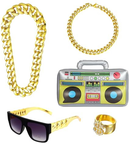 80s Fancy Men Hip Hop Costume Set with Fake Gold Chain Necklace, Ring, Bracelet, Sunglasses and Inflate Boombox, 90s Fancy Dress Accessories for Rapper Costume, 80s Themed Parties