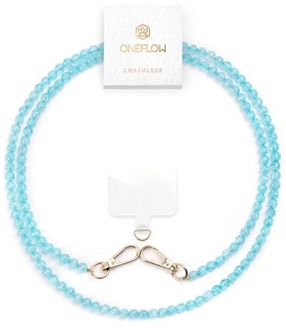 ONEFLOW Perlen Handykette Universal zum Umhängen, Handyband für Hüllen, Glitzer Perlen Kette ohne Handyhülle, Abnehmbar mit Karabiner für alle Smartphones, Chainless Paradise Pearls, Blau