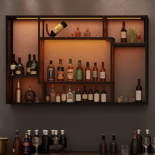 YOURLITE Weinregal Wand Metall, Bar Regal mit LED-Beleuchtung Modernes, Wandmontage Wine Display-Ständer, 3-stöckige Weinregal Metall, für Bars, Wohnzimmer, Küche, Restaurant, Schwarz