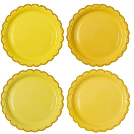 DHAIQC 48PCS Yellow Paper Plates 7 Inch, Gradient Yellow Scalloped Party Plates with Gold Foil Edge Disposable Dessert Cake Plate for Baby Shower Wedding Birthday Supplies
