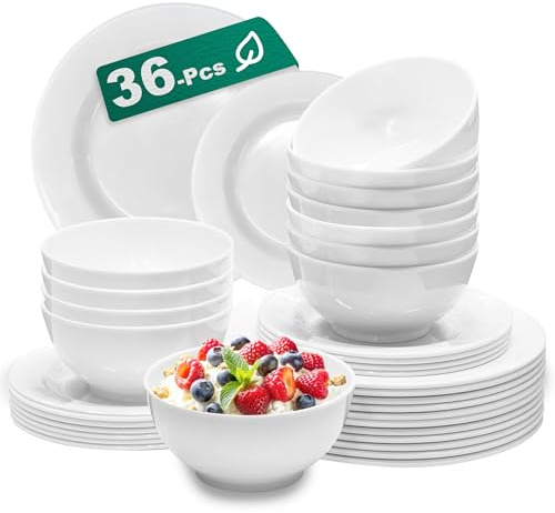 12 Sets Plates And Bowls Set(36 Piece) - Unbreakable Lightweight Dinnerware Set With 26 oz Cereal Bowls 8 inch Dessert Plates 10.5inch Dinner Plates Dishwasher Safe Reusable Gift for Wedding Home