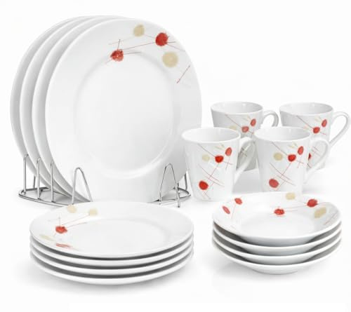 Housetronics 16-Piece Round Porcelain Dinner Set for 4– 4 Dinner Plates and Bowls Set with 4 Side Plates & Mugs, Dishwasher Safe, Highly Resistant Dinnerware, Kitchen & Dining (Cream & Red Pattern)