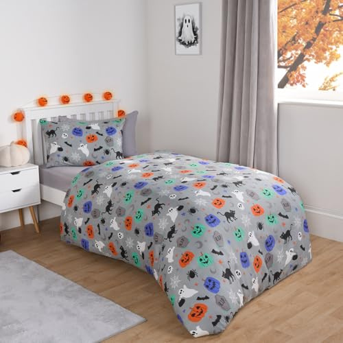 OHS Halloween Bedding Double, Super Soft Comfy Warm Stylish Pumpkin Ghouls Theme Double Duvet Set for Girls Boys Halloween Duvet Cover with Pillowcases, Grey