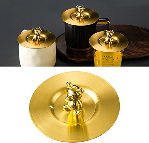 TIKATARER Cup Cover, Stainless Steel Dust Proof Rounded Edges Glossy Artistic Cup Lid Covers for Drinks for Safety Cute Bear for Drinks for Mug Glass (Gold)