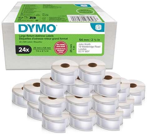DYMO LW étiquettes de retour autocollantes | 25 mm x 54 mm | 24 rouleaux 500 étiquettes faciles à décoller (lot de 12.000) | pour les étiqueteuses LabelWriter