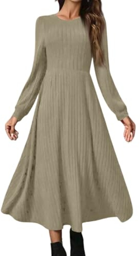 Strickkleid Damen Lang Herbstkleid Langarm Tunika Kleid Elegant A Linie Rundhals Herbst Kleider Lockeres Winterkleid Plissee Pulloverkleid