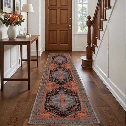 Decoranddecor Traditional Washable Hallway Runner Rug 60x240cm Non-Slip | Orange Hall Runner, Kitchen Runner, Machine Washable Rug, Area Rug, 6mm Low Pile, Pet Friendly, Stain Resistant