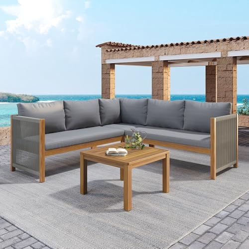 OKMYHOME Salon de Jardin 4-5 Places - Ensemble Mobilier de Jardin avec Canapé d'angle, Table en Bois Massif, Coussins, Structure en Métal et Corde Tressée, Gris