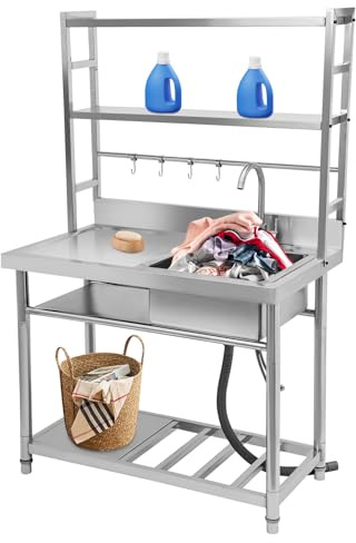 HUOMMGS Fregadero de cocina de acero inoxidable con 3 estantes, fregadero comercial, fregadero de cocina para exteriores con 4 ganchos, grifo de 100 x 50 x 160 cm, fregadero grande para bares (derecha