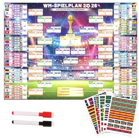 Spielplan 2026 Poster für Deko Fußball WM 2026 – Alle Spiele (110 x 80 cm), Termine & Austragungsorte, Wandkalender mit Flaggenaufklebern für zu Hause, Partys und Bars