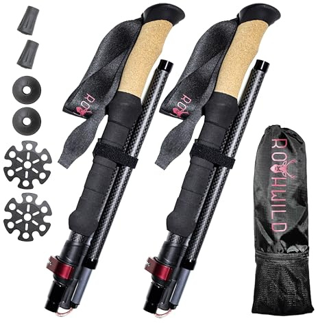 Rothwild Wanderstöcke faltbar – Carbon Trekkingstöcke Ultraleicht mit Korkgriff – Modell Platzhirsch – verstellbare Länge für Damen & Herren – inkl. Tasche