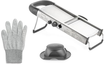 BRA Signature | Mandolina Cortador de Verduras con Guante y Soporte | Grosor Ajustable 2 - 8 mm, Corte en Juliana y Ondulado