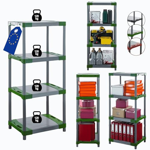 MODO24 Jupiter-4 Plastikregal, Kunststoffregal mit 4 Fachböden, freistehend, Wetterfest, Steckregal, Werkstattregal, Kellerregal, Lagerregal für Garage, Abmessungen 138x90x42 cm, Farbe: Grau-Grün