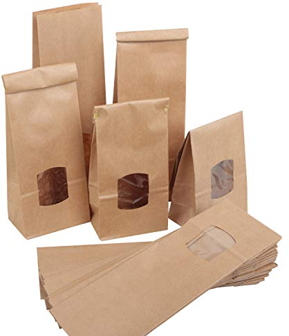 Grand sac papier kraft avec fenêtre, 50 pièces: pochette alimentaire carton, emballage cadeau Noël pâtisserie, sachet confiserie réutilisable, paquet pâtissier, 10,5 x 6,5 x 29 cm