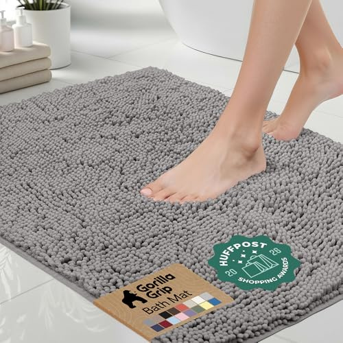 GORILLA GRIP Bath Rug Mat, Thick Soft Absorbent Chenille, Quick Dry Microfiber Mats, Rubber Backing, Machine Washable Shower Floor Rugs, Bathroom Bathmat Home Decor Accessories, 24x17 Grey