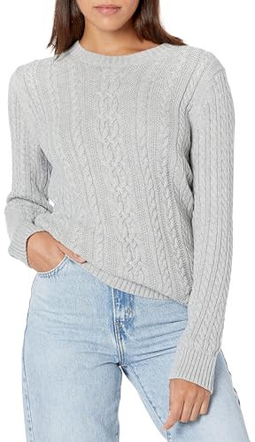 Amazon Essentials Women's Soft Fisherman Cable Long-Sleeve Crewneck Jumper (Available in Plus Size), Light Grey Heather, S