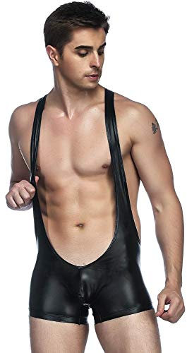 Herren Catsuit Body Wetlook Lack Leder Overall Kurze Hose Dessous M/L/XL Größe L/XL
