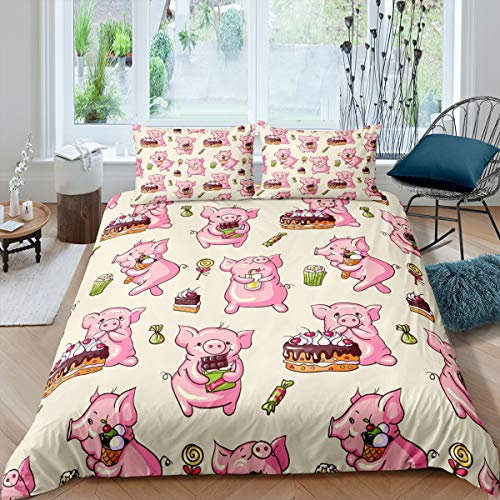 Loussiesd Süßes Schweinchen-Bettwäsche-Set mit Cartoon-Tier-Thema, Bettdeckenbezug, Doppelbettgröße, Bettwäsche mit Reißverschluss