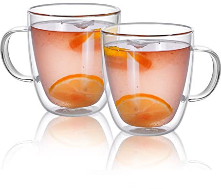 CNGLASS Double Walled Glass Coffee Mugs 350ml/12 oz, Insulated Glass Latte Mug with Handle,Set of 2