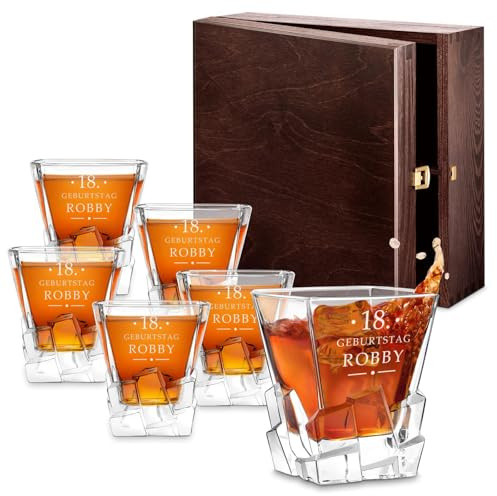 Maverton 6er Whisky Gläser Set mit Gravur - 250ml personalisiert - edles Kristallglas - zum Geburtstag - für Männer - Whiskygläser Set mit luxuriösem Design - Geburtstag