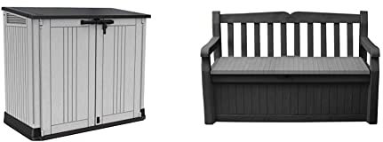 Keter 249317 Store it Out Nova Outdoor Garden Storage Shed, Light Grey with Dark Grey Lid & 6025 Eden Bench Outdoor Storage Box Garden Furniture, Graphite and Grey, 132.5L x 75W x 18.5H cm