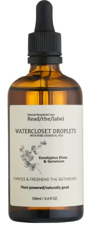 Read The Label – Eucalyptus Dives & Géranium Water Closet Gouttelettes – aux huiles essentielles 100 % pures – Géranium, Eucalyptus, Basilic et Patchouli – Purifie et rafraîchit la salle de bain – 100