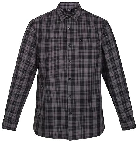 Regatta Mens Lance Organic Cotton Long Sleeve Shirt, Black/Dark Grey Check, XS