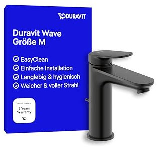 Duravit Wave Waschtischarmatur, Größe M (Auslauf Höhe 111 mm), Wasserhahn Bad mit Zugstangen-Ablaufgarnitur, Armatur Waschbecken, Schwarz Matt