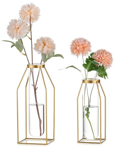 Sziqiqi Oro Metallo Fiori Vasi - Moderno Cornice Vaso con Provette di Vetro 19,5/24,5 cm Vaso di Geometrico per Tavolino da Salotto Chic Cilindro Vetro Vaso per Piante Tulipani Pampas