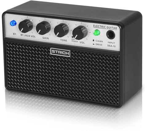 STRICH SEA-10 Electric Guitar Amp, 2 x 5 W Compact Portable Wireless Amplifier Dual Channel, Clean Drive Switch, Rechargeable Guitar Amplifier with 1/8 Headphone Output for Beginner, Practice, Black