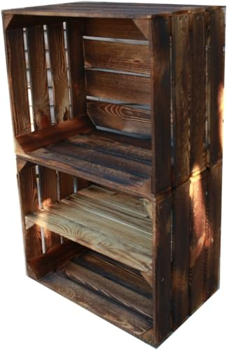 Teramico Holzkisten Obstkisten Weinkisten geflammt dunkel 50 x 40 x 30cm in tollen Set-Angeboten als Regal oder zur Aufbewahrung (2er Set | 1 x Boden Lang)