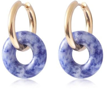 Edelstein Ohrringe Damen,Klassische Doppel-Creolen Mit Sodalith-Anhänger Für Baumelnde Damen, Goldenes Design