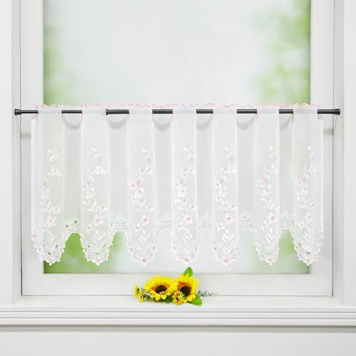 Joyswahl Scheibengardinen Küche Bistrogardine modern »Juna« Voile Gardinen Kurz Weiß Küchengardinen Landhaus Kurzstores Rosa HxB 60x150cm 1 Stück