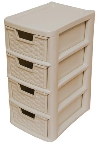 SIDSONS 4 Drawer Plastic Storage Drawer Unit Tiny Tower Rattan Effect Tower Unit Mushroom Drawers Any Room, Bathroom, Bedroom, Home Office/Study, Kitchen, Living Room Storage Organizer Rack 4 Tier
