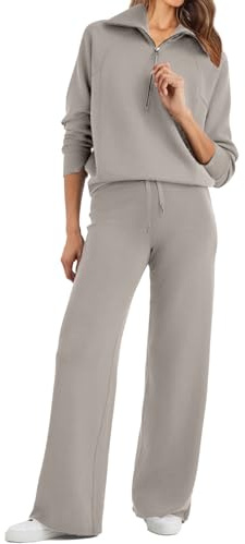 Glamaker Womens 2 Piece Outfits Sweatsuit Set Oversized Half Zip Sweatshirt Wide Leg Sweatpants Lounge Set Tracksuit, Grey 02, X-Large